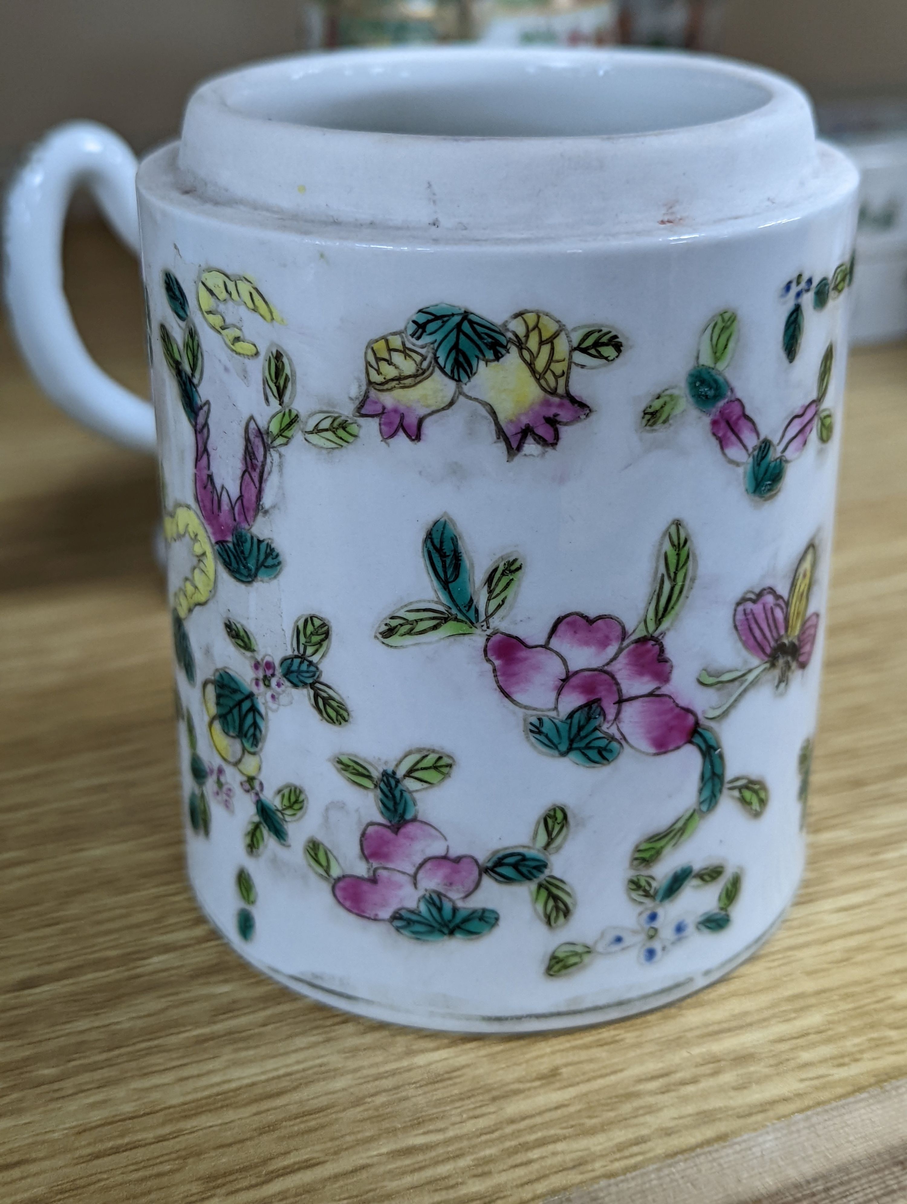 A group of Chinese famille rose vases and jars, a box and cover and a teapot, 19th/20th century, Pair of vases 13 cms high.